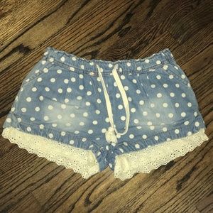 Blue and white polka dot jean shorts